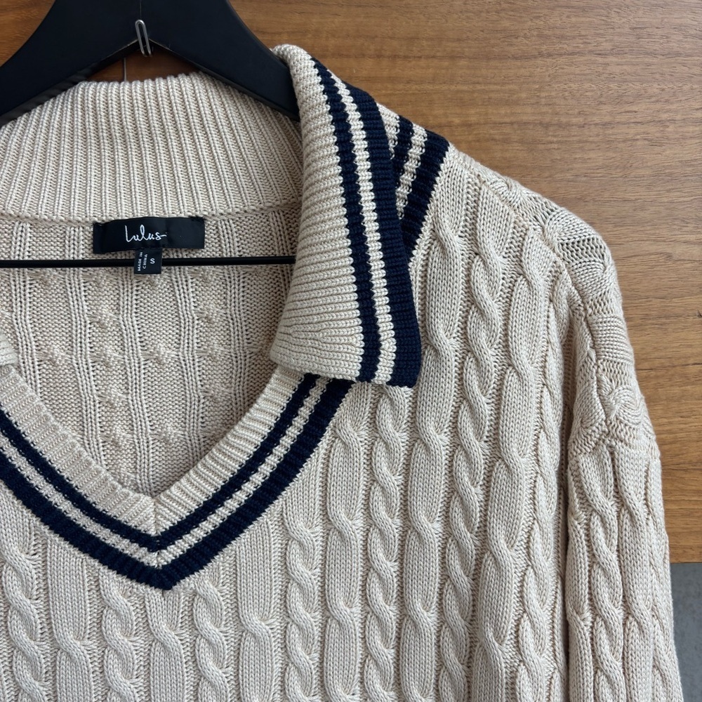 Lulus Posh Expert Beige Cable Knit Pullover Varsity Sweater, Size S - Picture 8 of 15